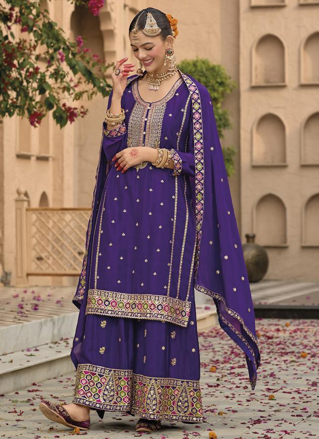 Chinnon Purple Wedding Wear Zari Work Readymade Plazzo Suit